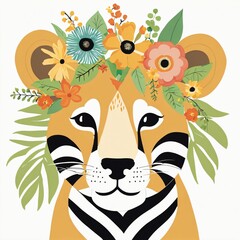 Floral Cute Baby Lion Nursery Illustration Generative Ai