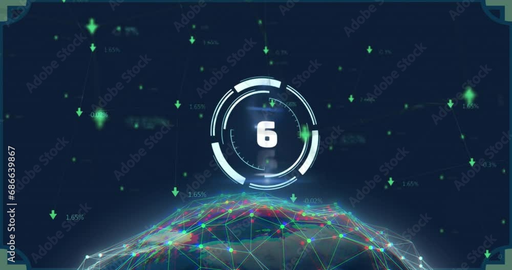 Poster animation of countdown data processing over globe with connections