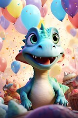 Cute dinosaur with festive balloons, kids birthday party poster