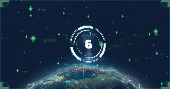 Animation of countdown data processing over globe with connections - Powered by Adobe