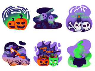 set of halloween illustration, candle skull, laughing pumpkin craving, floating ghost, cemetery, candies, ghost, flying witch, horror theme background image, vector stock images