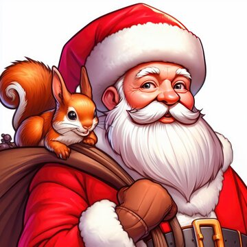 Christmas background with sanda elves,gifts and squirrels