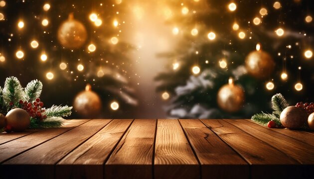 Empty Wooden Desk with Christmas Decorations