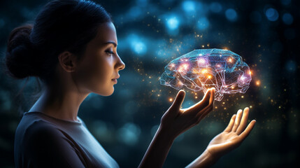 Naklejka premium businesswoman using modern technologies to store personal information in her head