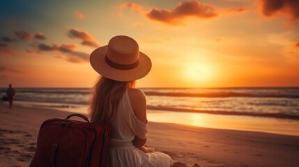 Seen from behind elegant middle age woman in white dress and straw hat on the beach at sunset walking. - obrazy, fototapety, plakaty