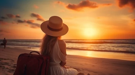 Fotobehang Seen from behind elegant middle age woman in white dress and straw hat on the beach at sunset walking. © Olga