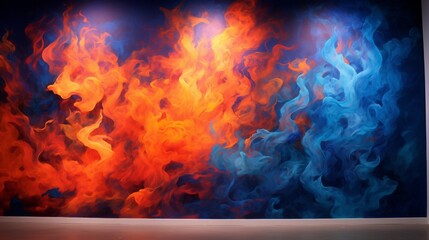A 3D wall covering that seems to be an abstract field of fire, with flames in colors ranging from deep blue to bright orange. - obrazy, fototapety, plakaty