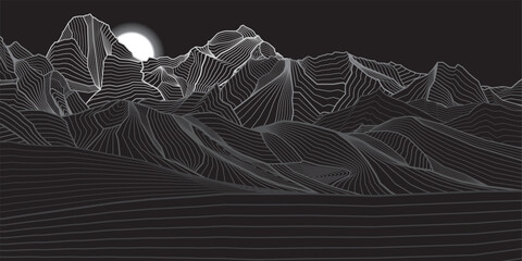Abstract mountains outline illustration. Dark night landscape. Himalayas. Snow hills. White line on black background. Vector design art - 686640658