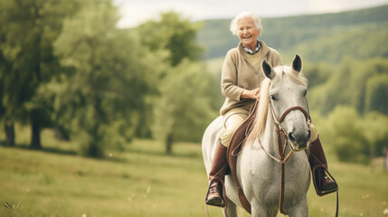 A caucasian senior woman riding a horse outdoor - obrazy, fototapety, plakaty