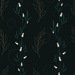 Floral vector pattern with golden sprigs on a dark background - 686641026