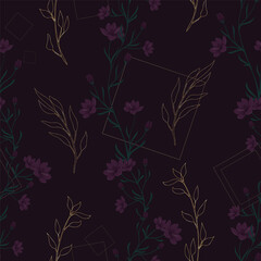 Floral vector pattern with golden sprigs on a dark background - 686641050