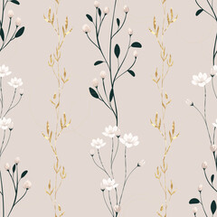 Floral vector pattern with golden sprigs on a light background - 686641053