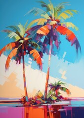 palm tree with leaves in a sunset lights, illustration in style of abstract oil painting, wall art poster decoration