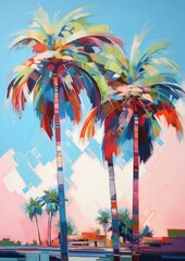 Colorful palm tree with leaves in a sunset lights, illustration in style of abstract oil painting, wall art poster decoration