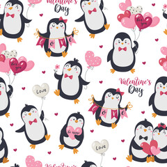 Seamless pattern with Valentine's Day cute penguins.