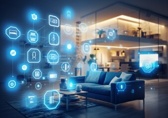 Smart home concept, featuring various connected devices and appliances technology background
