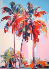 Colorful palm tree with leaves in a sunset lights, illustration in style of abstract oil painting, wall art poster decoration