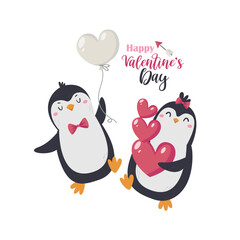 Valentine's Day greeting card banner with cute penguins