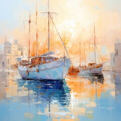 Sunset sailing boat on the sea in style of abstract oil painting, wall art poster decoration