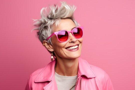 a woman wearing pink sunglasses and a pink jacket