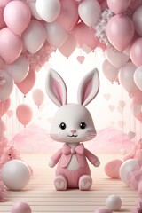 Cute rabbit with festive pink balloons, newborn kids birthday party poster