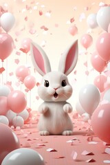 Cute rabbit with festive pink balloons, newborn kids birthday party poster