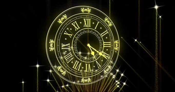 Animation of clock showing midnight and fireworks exploding on black background