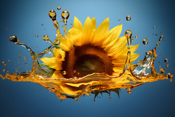 Liquid vegetable sunflower oil, bio organic seeds cooking oil splash and fresh sunflower. - obrazy, fototapety, plakaty