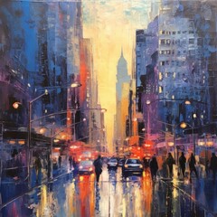 American city  downtown street view at sunset, abstract oil painting style poster