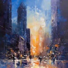 American city  downtown street view at sunset, abstract oil painting style poster