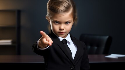 a girl in a suit pointing at the camera