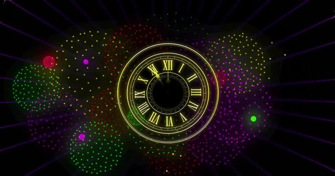 Animation of clock showing midnight and fireworks exploding on black background