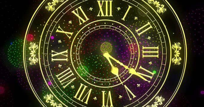 Animation of clock showing midnight and fireworks exploding on black background