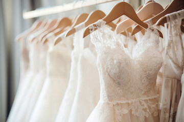 Elegant wedding dresses hanging on hangers in shop. Bridal dress in wedding boutique salon - obrazy, fototapety, plakaty
