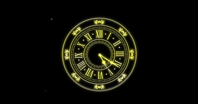 Animation of clock showing midnight and fireworks exploding on black background
