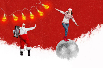 Creative graphics collage painting of funny funky santa helper dancing having x-mas fun isolated white red color background