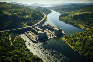 Hydroelectric power station, aerial view. Using energy from renewable sources to preserve the environment