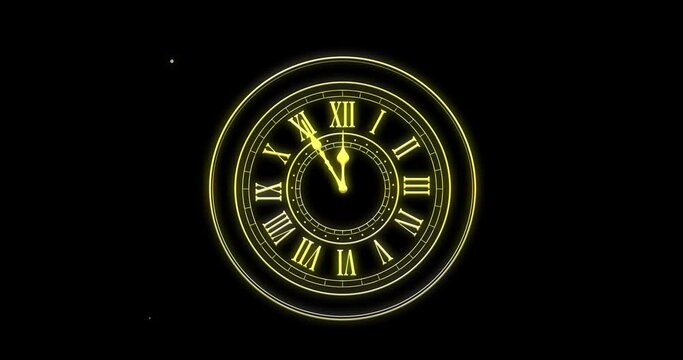 Animation of clock showing midnight and fireworks exploding on black background