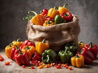 A variety of colorful bell peppers tumbling out of a burlap sack