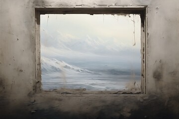 Empty abandoned room with a freezing cold snowstorm blizzard view outside of a snow covered tundra valley and mountains - harsh environment of loneliness with no living creature.