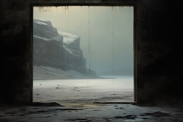 Empty abandoned room with a freezing cold snowstorm blizzard view outside of a snow covered valley and cliffs - harsh environment of loneliness with no living creature.