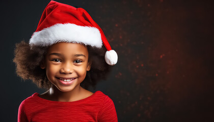 Black boy in santa claus hat on red background, christmas and new year concept