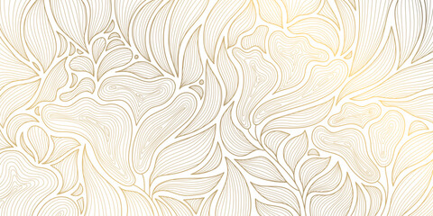 Vector abstract luxury background, gold line floral wallpaper, leaves texture. Golden botanical modern, art deco pattern, elegant foliage wavy ornament - obrazy, fototapety, plakaty