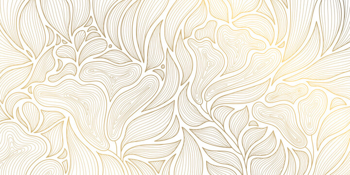 Vector abstract luxury background, gold line floral wallpaper, leaves texture. Golden botanical modern, art deco pattern, elegant foliage wavy ornament