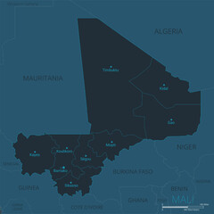 Mali map. High detailed map of Mali with countries, borders, cities, water objects. Vector illustration EPS10