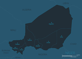Niger map. High detailed map of Niger with countries, borders, cities, water objects. Vector illustration EPS10 - obrazy, fototapety, plakaty