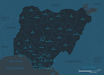 Nigeria map. High detailed map of Nigeria with countries, borders, cities, water objects. Vector illustration EPS10 - obrazy, fototapety, plakaty
