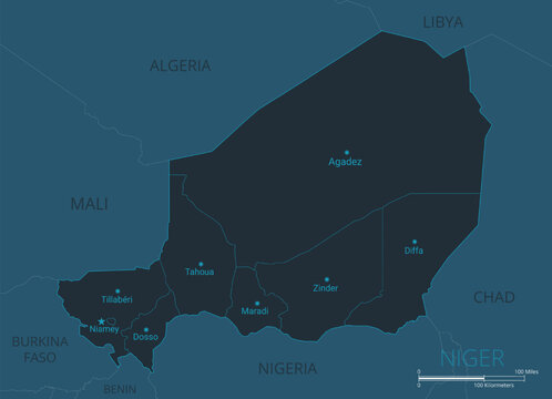 Niger map. High detailed map of Niger with countries, borders, cities, water objects. Vector illustration EPS10