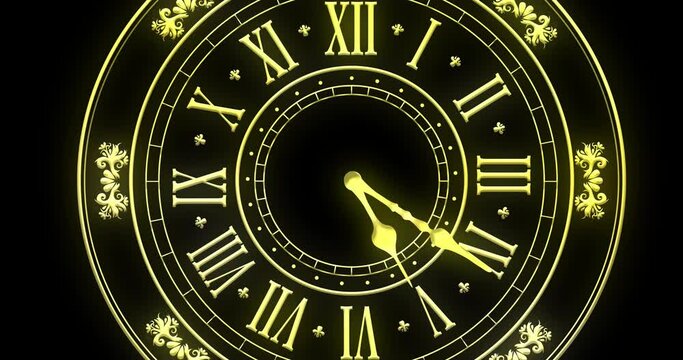 Animation of clock showing midnight and fireworks exploding on black background