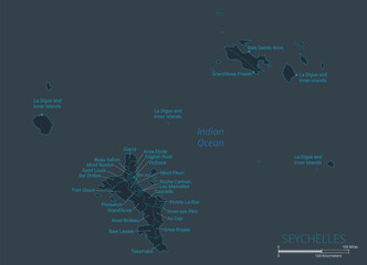 Seychelles map. High detailed map of Seychelles with countries, borders, cities, water objects. Vector illustration EPS10 - obrazy, fototapety, plakaty